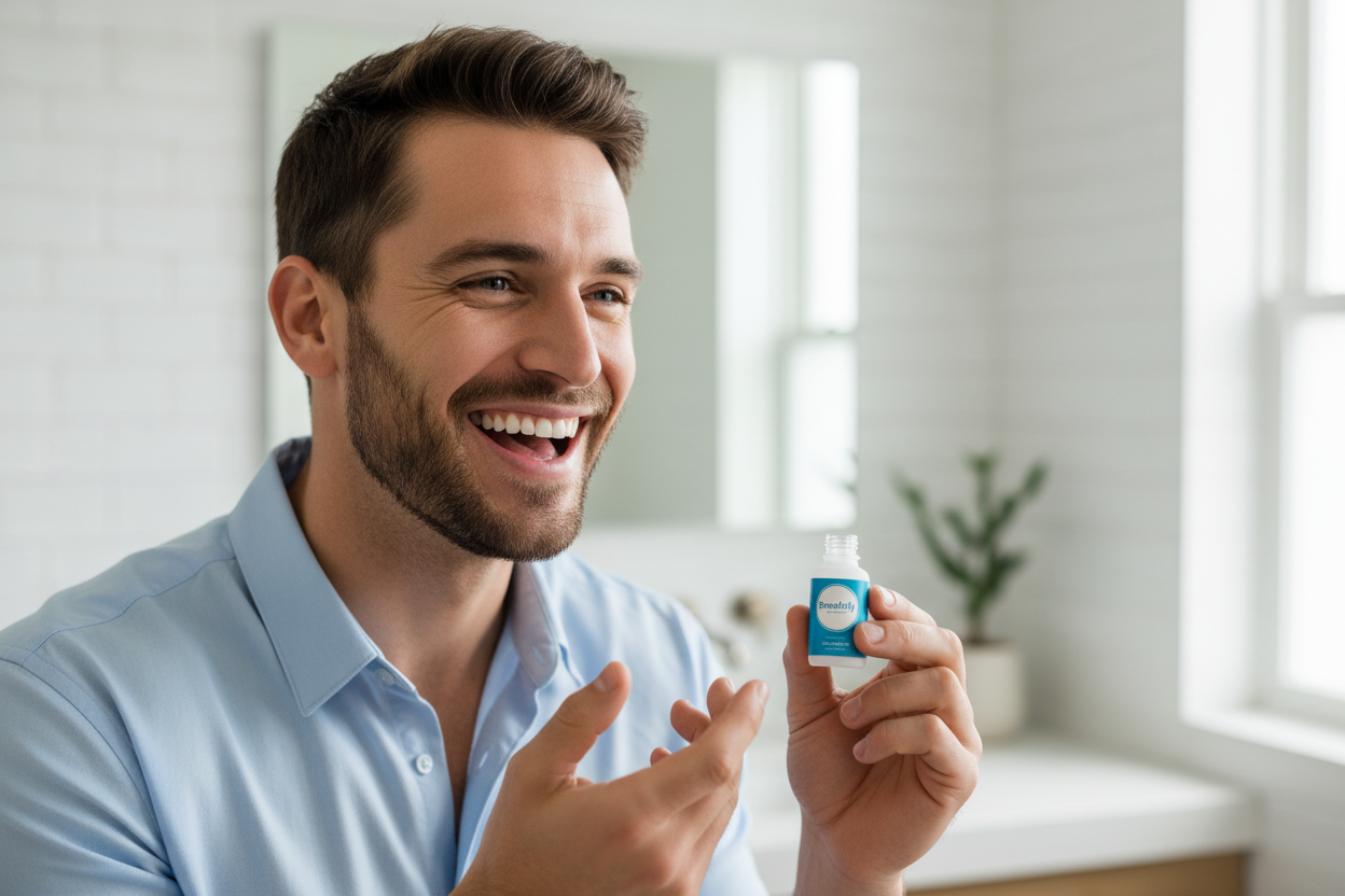 Crea una imagen de un varon Sonnriendo feliz despues de haber usado gotas de breatify para el m al alieento