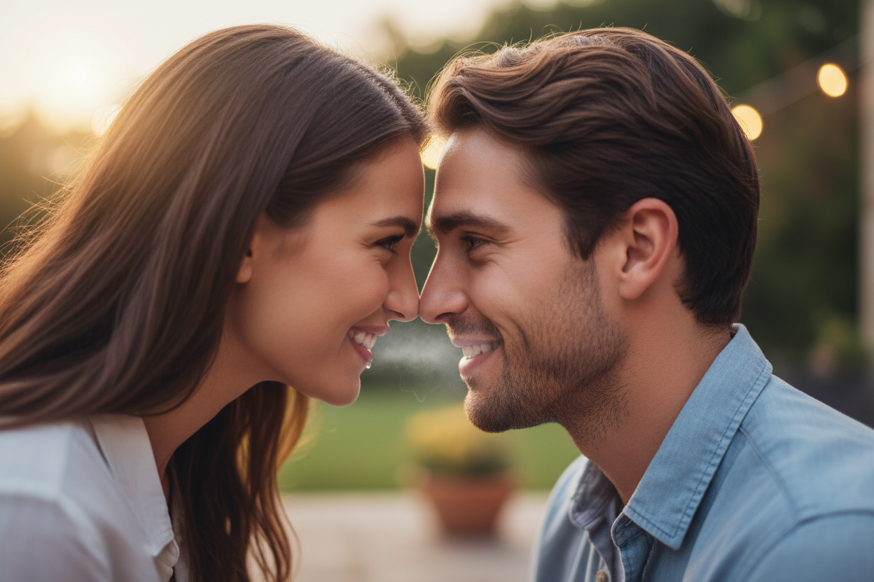 Crea una imagen de una chica respirandole cerca a su novio despues de haber usado gotas de Breatify para el mal alientol.