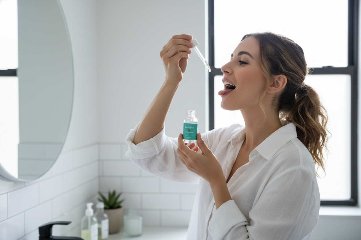 Crea una imagen de una mujer joven usando gotas del producto Breatify para el m al aliento.