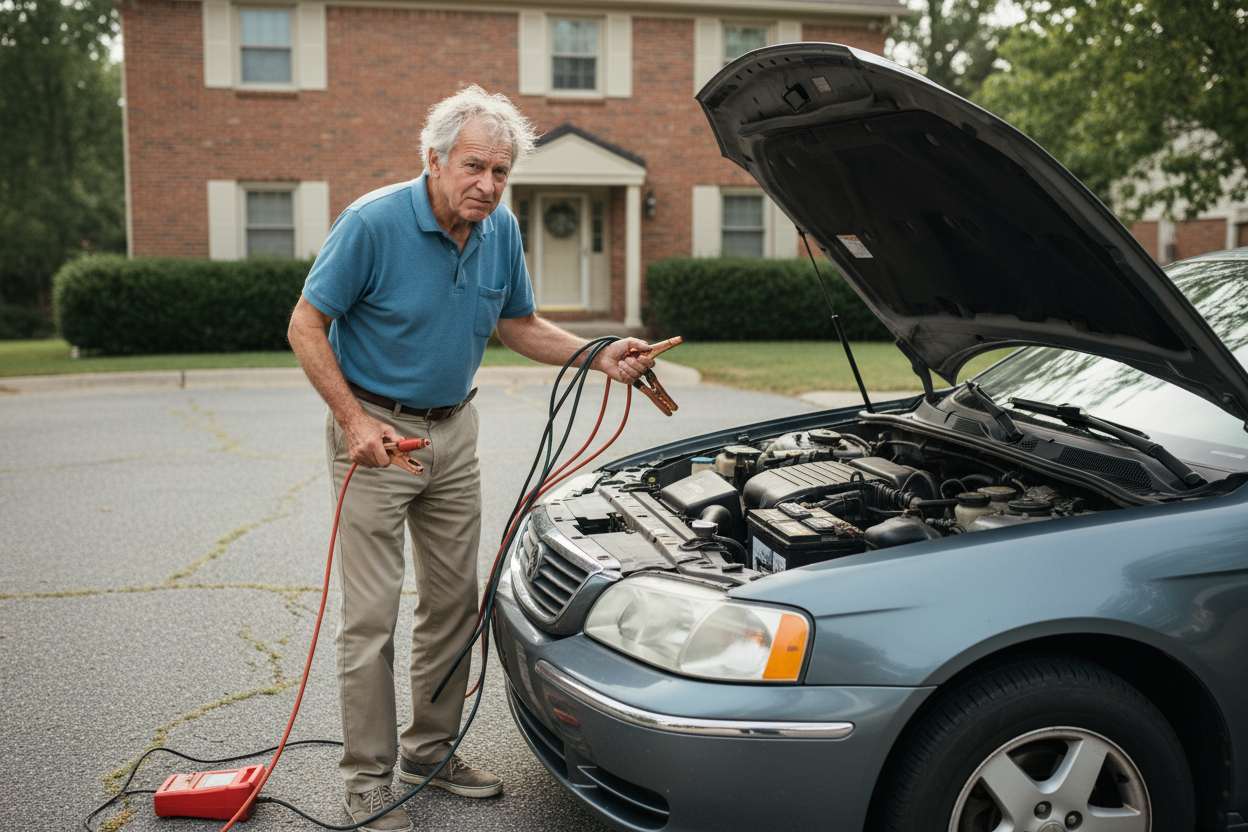 Creame una imagen de un hombre mayor que no puede arrancar su auto por fata de carga 