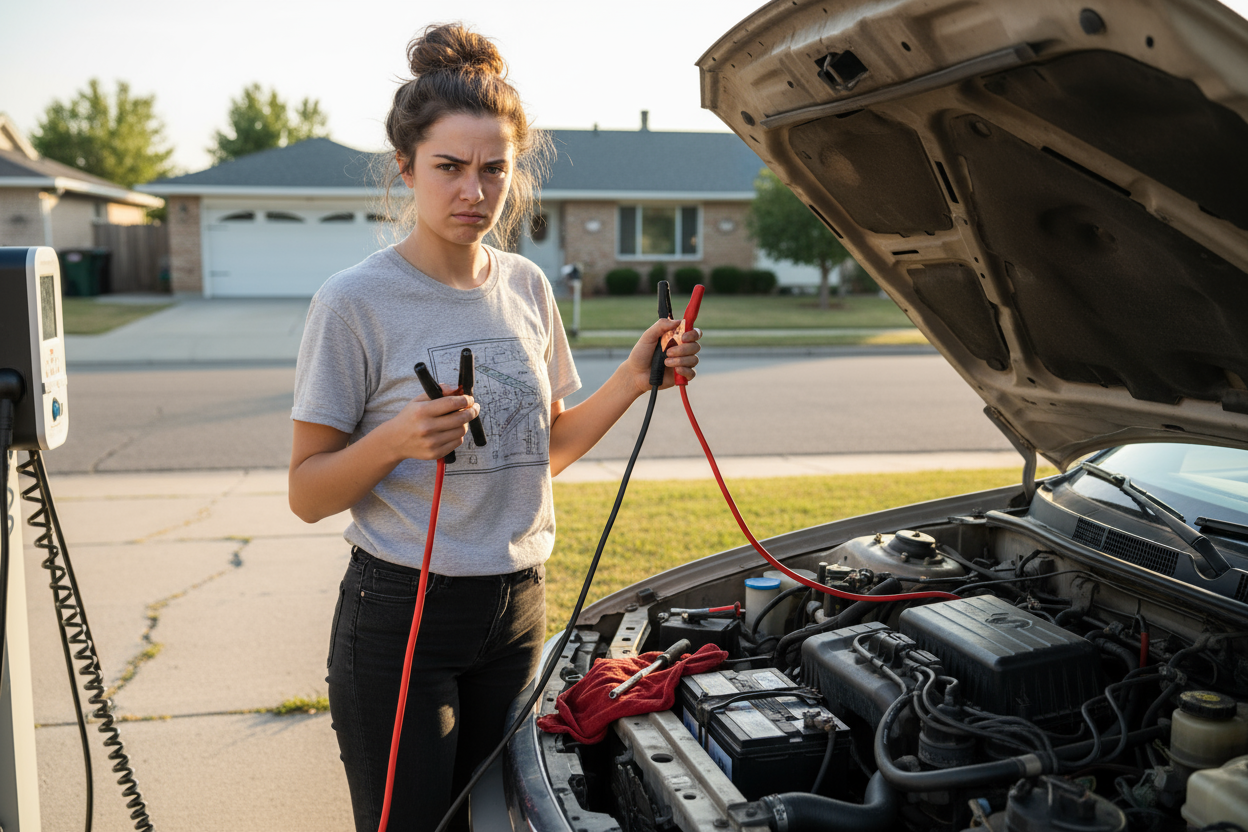 Creame una imagen de una mujer joven que no puede resolver la carga de bateria de su auto 