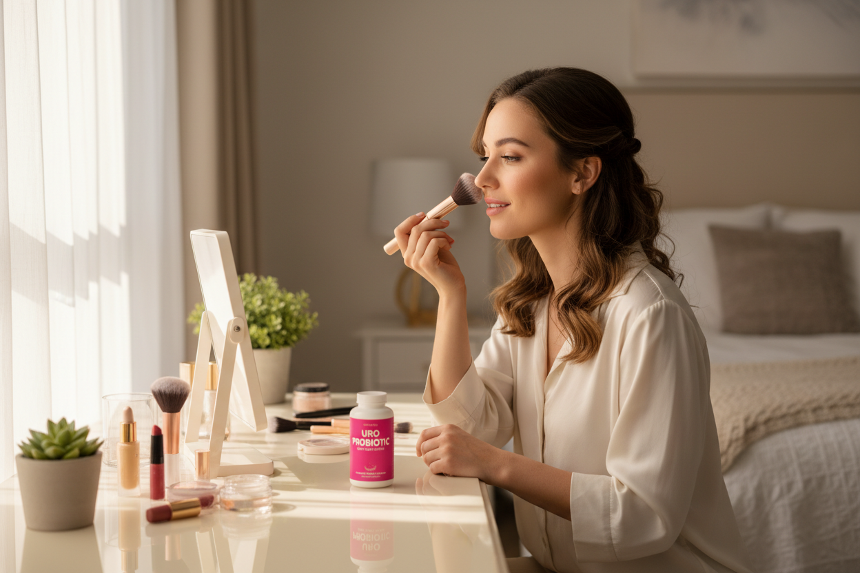 Genera una imagen de dama 25 años maquillandose y que en su tocador se vea el frasco de URO PROBIOTIC frasco de color rosado letras fuccia.