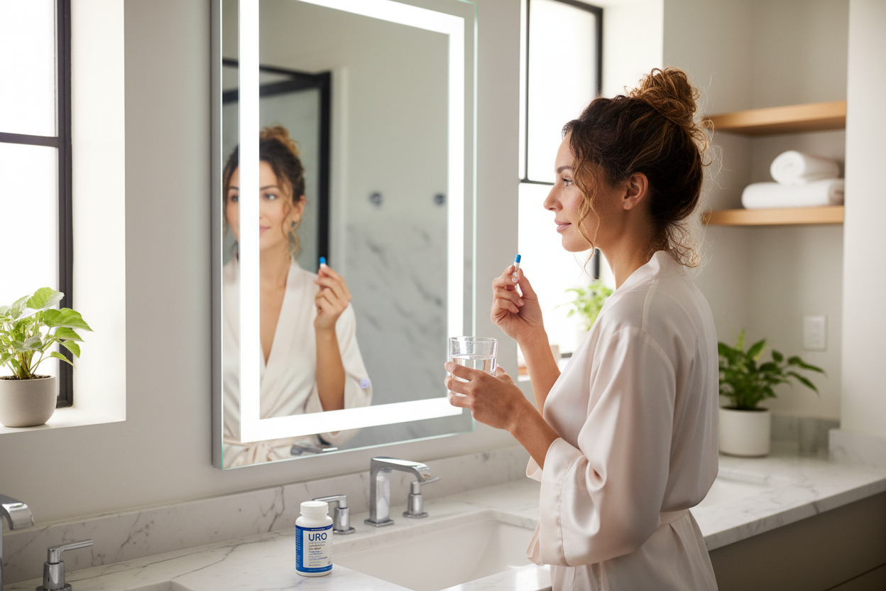 Genera una imagen de dama 35 años consumiendo capsulas se Uro, frente a su espejo.