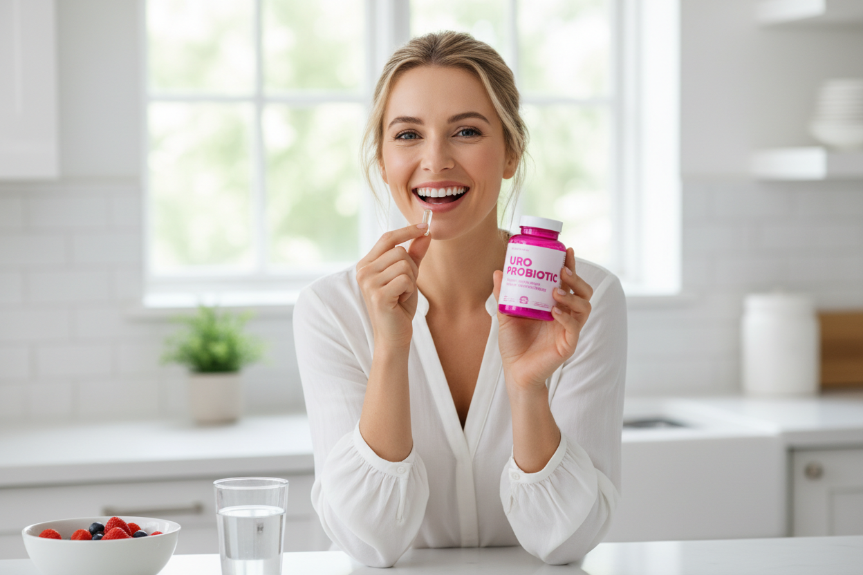Genera una imagen de dama consumiendo capsulas de URO PROBIOTIC, frasco de color rosado letras fuccia  y que se vea Feliz 