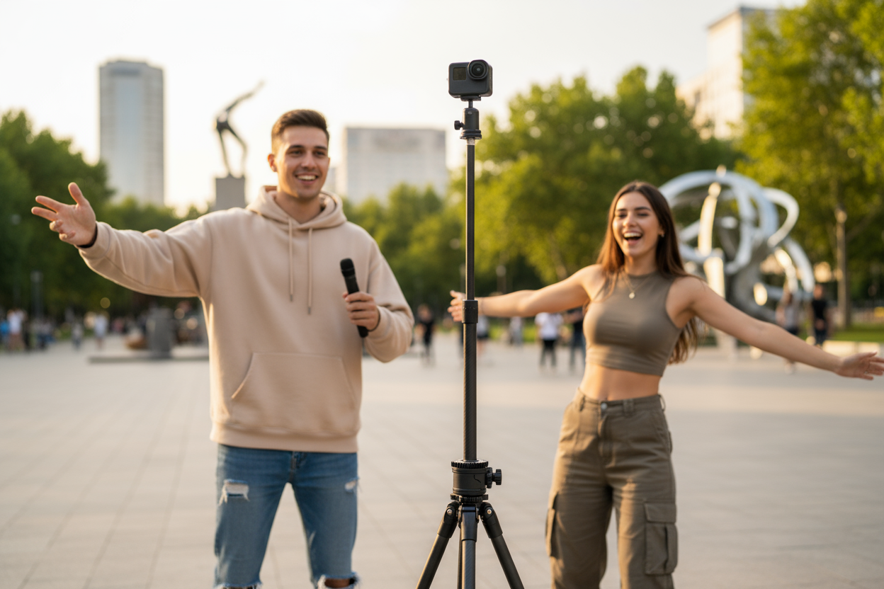 Generame una imagen de 2 jovenes varon y mujer grabandode con tripode 360 grados, un solo baston camara cuadrada