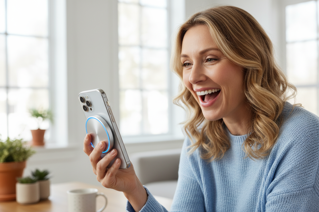 Generame una imagen de una mujer de 40 años feliz, usando un cargador magnetico redondo 360 de celular 