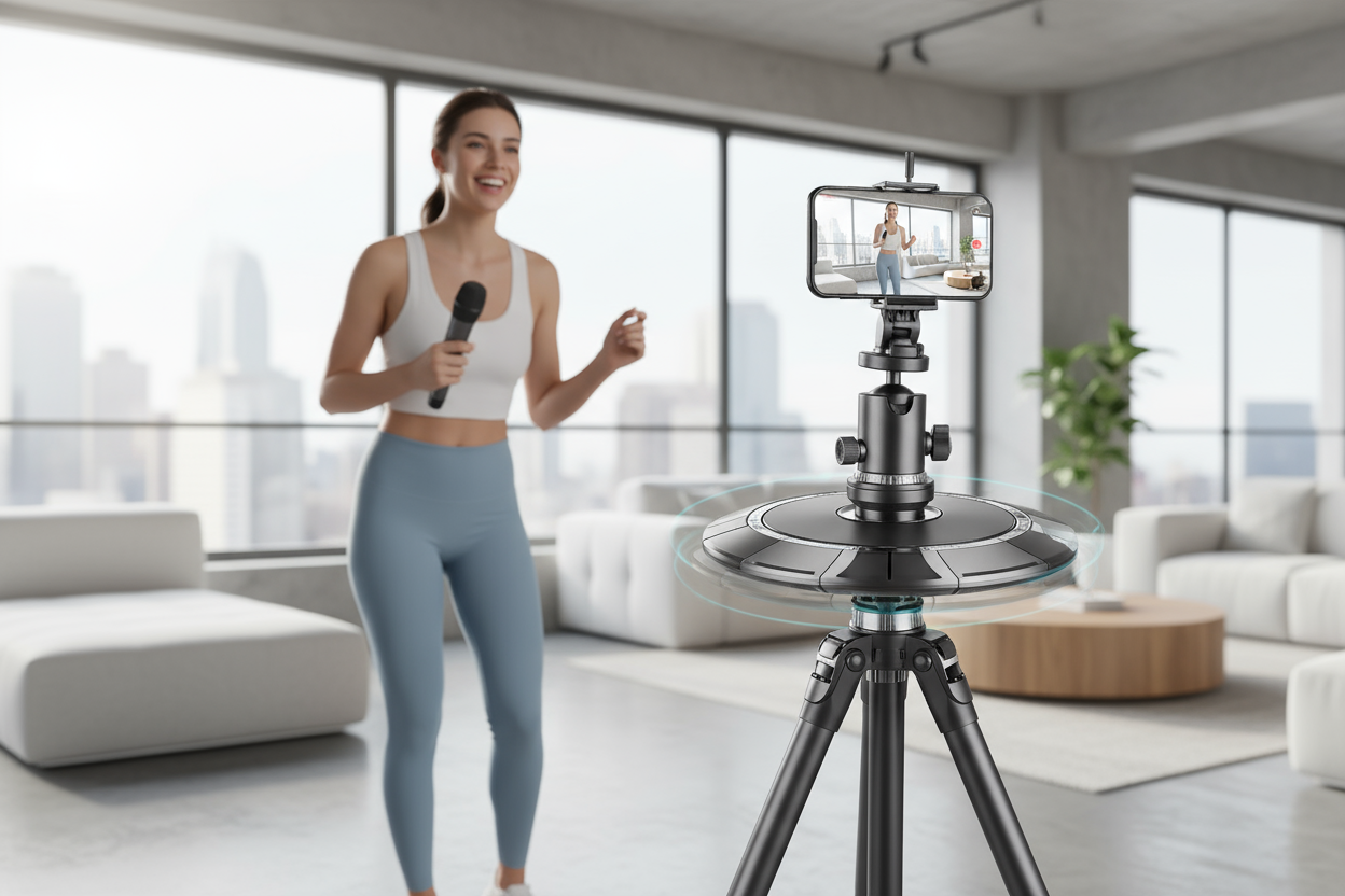 Generame una imagen de una mujer joven grbando videos con un tripode inteligente que gira 360 grados 