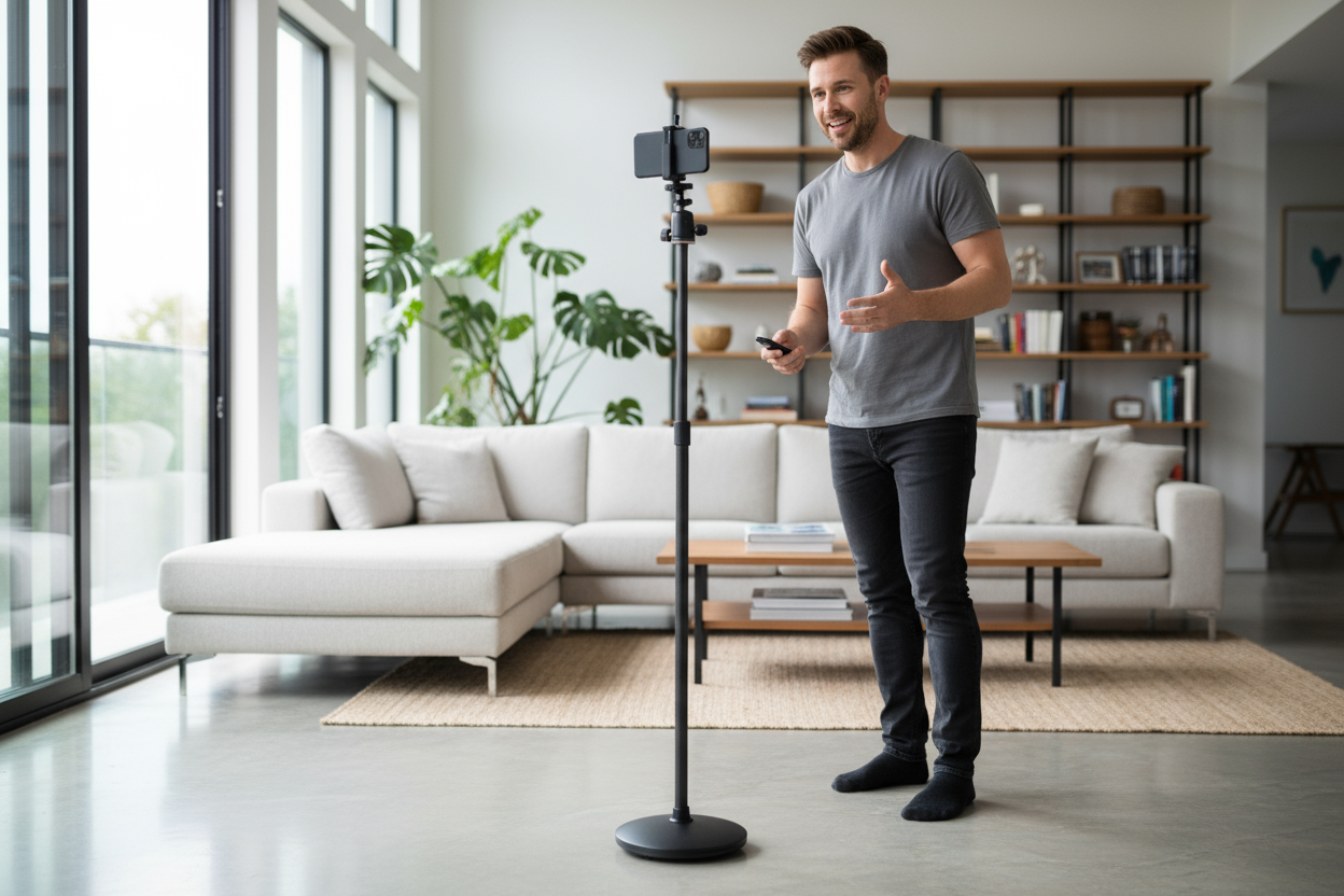 Gnerame uma imagen de un varon grabando videos caseros con tripode 360 grados que tenga un solo baston de soporte 