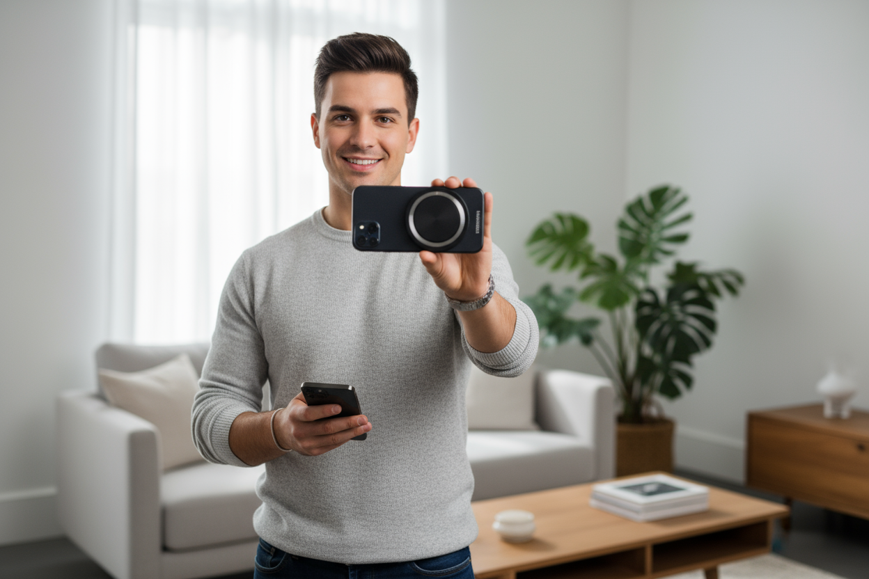 joven de 27 años varon con un soporte magnetico para celular